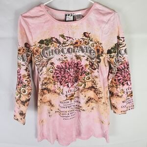 Vintage Y2K Take Two Floral Rhinestones T-Shirt Top Size S Retro Casual Preppy